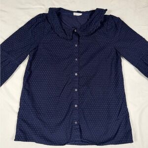 FatFace Kids Navy Blue Corduroy Ruffle Collar Puff Sleeve Button Down Blouse Sz